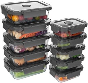 HAKEEMI 10 Pack Glass Food Storage Containers with Lids, Airtight Meal Prep Containers, Glass Lunch Containers Built in Air Vents, Dishwasher Safe, Grey