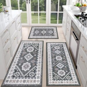 HEBE Kitchen Rugs Sets of 3 Farmhouse Kitchen Mats for Floor Non Slip Washable Kitchen Rugs and Mats Boho Kitchen Runner Rug Vintage Kitchen Carpet Runner Rugs for Kitchen Floor