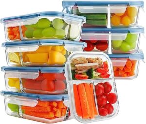 HOMBERKING 8 Pack Glass Meal Prep Containers 3 Compartment, 36oz Glass Food Storage Containers with Lids, Airtight Glass Lunch Bento Boxes, BPA-Free & Leak Proof (8 lids & 8 Containers) - Blue