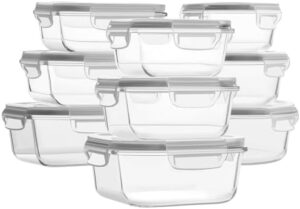 HOMBERKING Glass Food Storage Containers with Lids, [18 Piece] Glass Meal Prep Containers, Airtight Glass Lunch Bento Boxes, BPA-Free & Leak Proof (9 lids & 9 Containers) - Grey