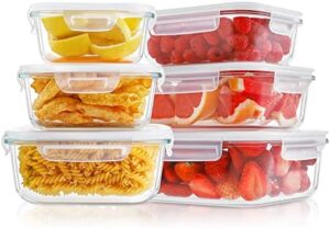 HOMBERKING Large Food Storage Containers with Lids, [12 Piece] Glass Meal Prep Containers, Airtight Glass Bento Boxes, BPA Free & Leak Proof (6lids & 6Containers)(Square & Rectangle)