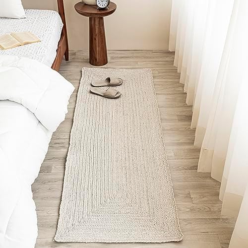 HOMEMONDE Jute Rug 2x6Ft Rectangular - Area Rugs Carpet for Living Room, Kitchen, Hallway, Entryway, Indoor & Outdoor - Ecofriendly Handwoven Braided Reversible Runner Modern Farmhouse (Off-White)