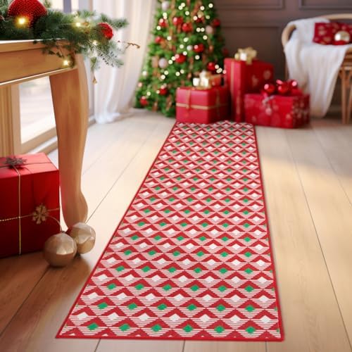 HUGEAR Christmas Rug,2x6 Runner Rugs,Machine Washable Area Rugs,Non-Slip Indoor Door Mat,Large Area Rug,Geometric Shag Rug for Bedroom Kitchen Entryway Bathroom (Xmas Geometric/Red&White,2x6ft)