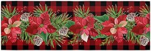 Hallway Runner Rug,Christmas Winter Holiday Decoration Red Black Plaid Poinsettia Print Non Slip Water Absorbent Rug Indoor Entrance Floor Mat Runner for Home Garage Kitchen Laundry 15.7x47.2in