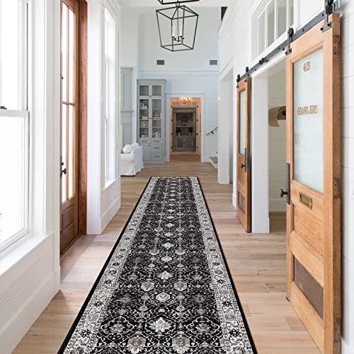 Hallway Washable Runner Rug - 2x10 Kitchen Rugs Entryway Rug Runner Vintage Soft Floor Mat Non Slip Indoor Farmhouse Carpet for Bathroom Living Room Bedroom(2 X 10, Black)