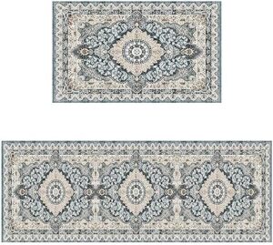 Heavyoff Kitchen Rugs and Mats Non-Slip Washable Set of 2, Boho Farmhouse Washable Kitchen Mats for Floor, Front of Sink, Entryway and Hallway Grey, 18"x30"+18"x47"