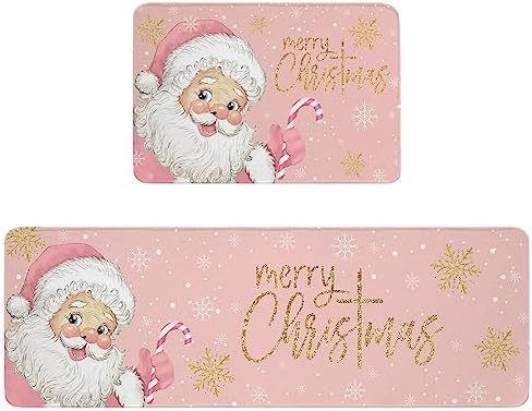 Hokiten Pink Santa Christmas Kitchen Rugs and Mats 2 Pieces Set, Pink Xmas Golden White Snowflake Bathroom Rug Non Slip Floor Mat for Laundry Room, Merry Christmas Anti-Fatigue Comfort Mat for Kitchen