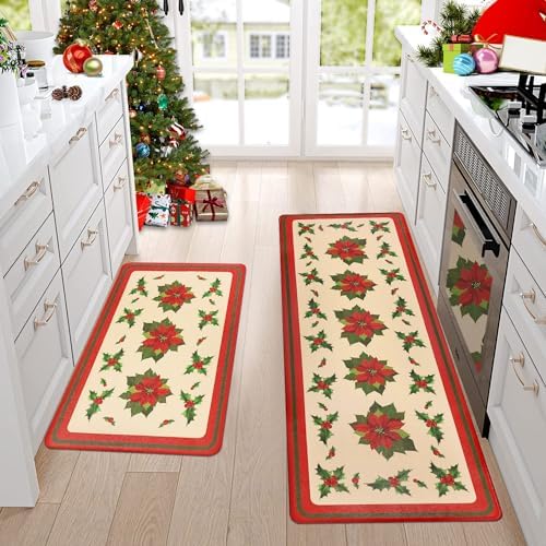 Homcomoda Christmas Poinsettia Kitchen Mats for Floor 2 Piece Cushioned Anti Fatigue Kitchen Rugs Set Non Skid Merry Christmas Kitchen Floor Carpet Set for Home Kitchen Christmas Decor