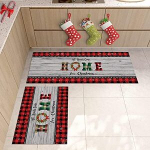 Home Christmas Wreath Kitchen Rugs Set of 2, Farm Wooden Plank Washable Floor Door Mats Comfort Area Runner Rug Non-Slip Rubber Backing for Indoor Red Black Buffalo Plaid