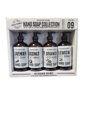 Hudson Home Hand Soap Collection, 4 x 16 oz. Glass Bottles- Lemon Verbena, Orange Blossom, Coconut Vanilla, Lavender Coconut