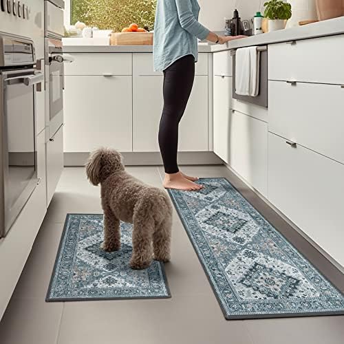 ILANGO Boho Kitchen Rugs and Mats Set of 2 Washable Kitchen Mat for Floor Non Skid Cushioned Anti-Fatigue Comfort Standing Mat for Front of Sink Laundry Room Hallway Enteyway 17"x32" + 17"x48"