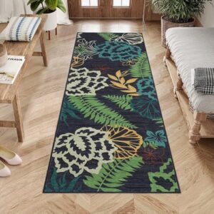 IMINROME Runner Rug 2x8 Floral Washable Kitchen Runner Rugs Modern Farmhouse Easy-Cleaning Hallway Rug with Rubber Backing Non Shedding Carpet for Laundry Room, Green/Grey