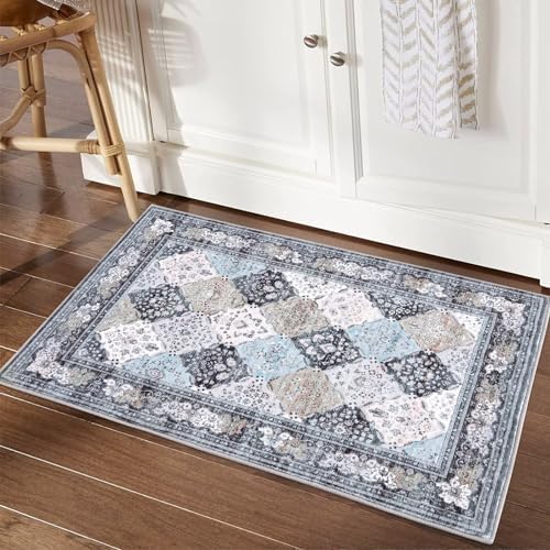 IMINROME Washable Rug 2x3 Small Bathroom Rug Contemporary Abstract Kitchen Rug Moroccan Floral Rug Non Slip Soft Distressed Floor Carpet Non Shedding Soft Indoor Mat for Entryway Bedroom, Blue/Grey