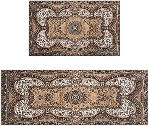 Ideasonna Brown Kitchen Rug Mat Farmhouse Kitchen Rugs Sets of 2 Washable Non-Slip Kitchen Mats for Floor 2 Piece Farmhouse Brown Kitchen Decor