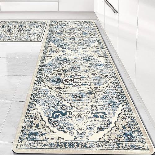 Ileading Blue Kitchen Mats for Floor 2 Piece 17"x28"+17"x59" Boho Anti Fatigue Mats Non Slip Cushioned Floor Mat for Standing Desk Thick Memory Foam Kitchen Runner Rug for Kitchen, Floor, Sink