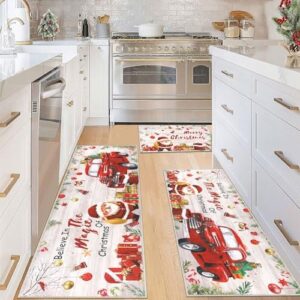 Ileading Merry Christmas Kitchen Rugs Set of 3 Red Truck Santa Kitchen Floor Mat Wood Grain Farmhouse Rugs for Kitchen Non Slip Washable Kitchen Mat Runner Carpets for Xmas Party Home Kitchen Decor