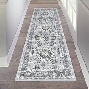 Ileading Vintage Runner Rug 2' x 6' Grey Paisley Runner Rug with Rubber Backing Kitchen Runner Rugs Non Skid Washable Boho Hallway Runner Rug Floor Mats Carpet for Entryway Hallway Bathroom Bedroom