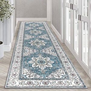 Ileading Vintage Runner Rug for Hallway, Machine Washable Area Rug Runners with Rubber Backing, Non Slip Kitchen Floor Mat for Entryway Bedroom Livingroom (Teal 2x8ft)