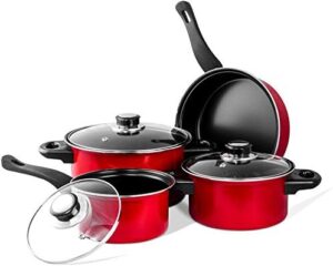 Imperial Home 7 Pc Carbon Steel Nonstick Cookware Set, Pots & Pans, Dishwasher Safe Cooking Set, Kitchen Essentials (Red)