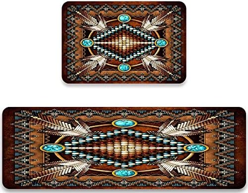 JILANGCA Rustic Southwestern Kitchen Rug Set of 2 Tribal Native American Indian,Washable Kitchen Mat Geometric Cushioned Floor Mats Anti Fatigue Non-Slip Kitchen Runner Rugs,17.7"x47.2"+17.5"x29.5"