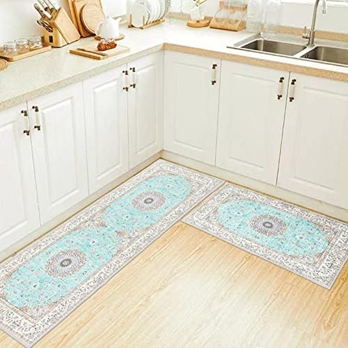 JLYLOL Kitchen Rugs Set of 2 Kitchen Mats Washable Non-Slip Bohemian Kitchen Runner Rug Bathroom Rugs Kitchen Mats and Rugs for Floor, Living Room, Laundry, Bedroom, Sink, Front Door, Entrance, Blue