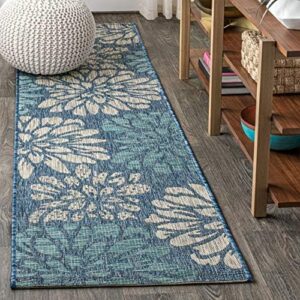 JONATHAN Y SMB110C-210 Zinnia Modern Floral Textured Weave Indoor Outdoor Area-Rug Bohemian Coastal Easy-Cleaning Bedroom Kitchen Backyard Patio Non Shedding, 2 X 10, Navy/Aqua