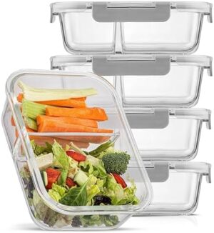 JoyJolt Divided Food Storage Containers with Lids Airtight. 5 Pack Glass Meal Prep Containers 2 Compartment Set Glass Bento Box. Reusable Food Containers, Portion Control Containers for Weight Loss