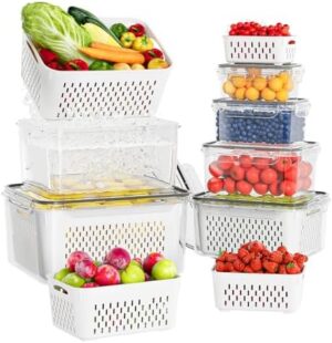 KEMETHY 6 Pack Fruit Storage Containers For Fridge With Removable Colanders, Airtight Storage Container, BPA-Free, Dishwasher & Microwave Safe, Keep Berry Fruit Vegetable Food Meat Fresh Longer