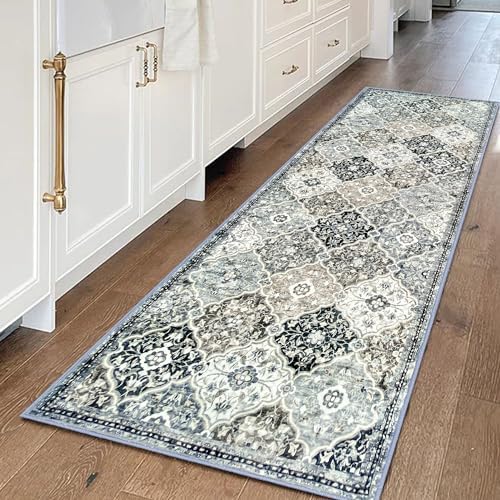 KILOCOCO Moroccan Runner Rug 2x6 Washable Hallway Runner Rug, Vintage Floral Rug Kitchen Runner Rug 6 Feet Non-Slip Runners Distressed Boho Rug Runners for Bathroom Laundry Room Bedroom, Grey