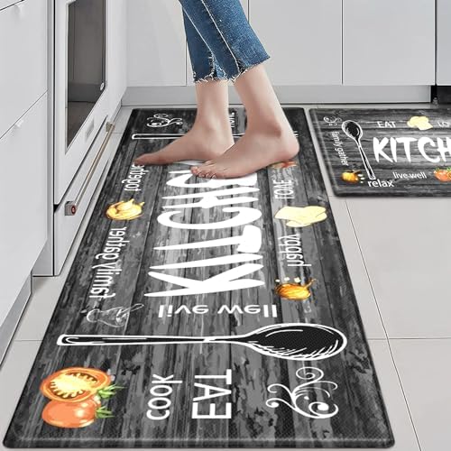 KIMODE Kitchen Mats,Grey Anti Fatigue Kitchen Rugs Sets of 2,Non Slip Waterproof Farmhouse Kitchen Floor Mats,Cushioned Comfort Standing Mat for Home,Laundry, Sink,Desk