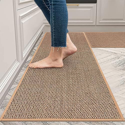 KIMODE Kitchen Rugs and Mats 2PCS,Washable Farmhouse Kitchen Mats for Floor with Non-Slip Rubber Backing,Absorbent Beige Runner Rugs Set for Front of Sink/Laundry Room,20"x32"+20"x47"