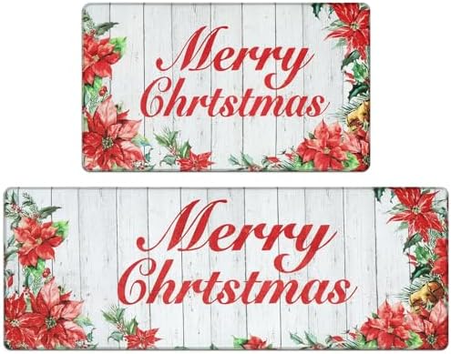 KIMODE Merry Christmas Kitchen Rugs and Mats,Anti Fatigue Non Slip Kitchen Rugs Sets of 2,Red Floral Kitchen Mats for Floor,Farmhouse Comfort Standing Mat,Christmas Decorations for Home Kitchen