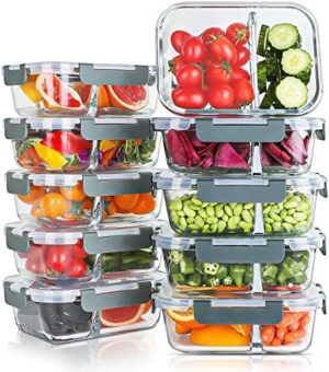 KOMUEE 10 Packs 30oz Glass Meal Prep Containers 2 Compartments,Glass Food Storage Containers with Lids,Airtight Glass Lunch Bento Boxes,BPA Free,Oven,Freezer and Dishwasher Safe