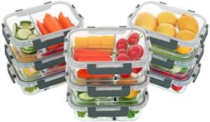 KOMUEE 9 Packs Glass Meal Prep Containers 1&2&3 Compartments, Food Storage Containers with Airtight Lids, Lunch Bento Boxes, BPA Free, Gray