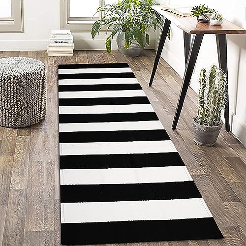 KOZYFLY Black and White Striped Runner Rug 2x6 Ft Washable Hallway Runner Rug Farmhouse Kitchen Rug Hand Woven Cotton Indoor Outdoor Rug for Kitchen Hallway Bedroom Laundry Room