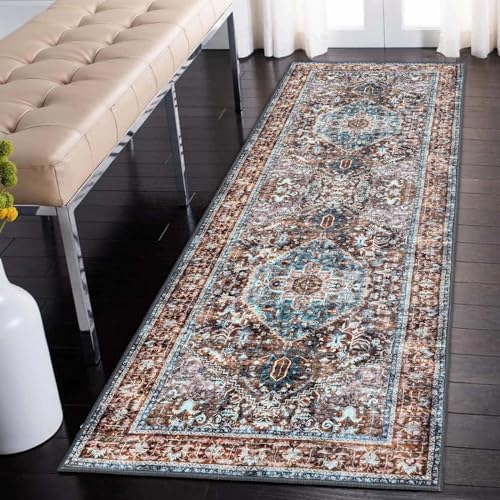 KOZYFLY Hallways Runner Rug 2x6 Ft Washable Hall Carpet Runner Non Slip Kitchen Runner Rugs Bworn Boho Bedside Rugs Entryway Runner Rug Faux Wool Rug for Bedroom Kitchen Hallway Laundry Room