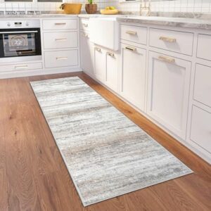 KOZYFLY Modern Abstract Kitchen Runner Rug, 2x6 Washable Rug Runner Non-Slip Soft Striped Hallyway Runner Rugs, Beige Print Distressed Carpet Runner for Entryway Bathroom Laundry Room Foyer