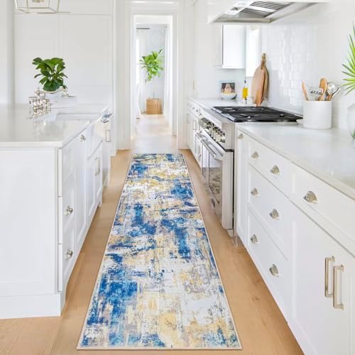 KOZYFLY Modern Abstract Rug Runner for Hallway 2x8 Blue Kitchen Runner Rug Non Skid Washable Carpet Runner Laundry Room Mat Soft Fluffy Low Pile Rug for Hallway Entryway Bathroom Bedroom