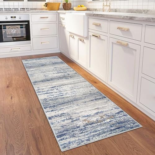 KOZYFLY Modern Abstract Washable Rug Runner 2x6 Hallway Rug Runner Non-Slip Soft Striped Kitchen Runner Rugs, Print Distressed Grey Striped Carpet Runner for Entryway Bathroom Laundry Room Foyer