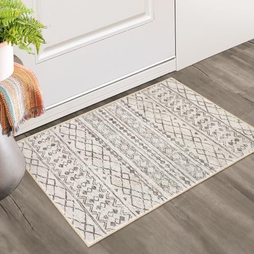 KUTA Moroccan Area Rugs, 2x3 Beige Entryway Rug Non-Slip Washable Small Rug, Ultra Soft Print Vintage Distressed Geometric Low-Pile Indoor Door Mat Floor Carpet for Entrance Bedroom Kitchen Bathroom