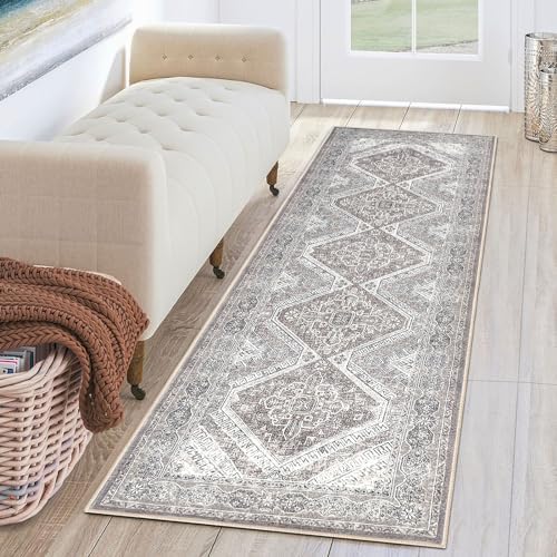 KUTA Oriental Washable Runner Rug, 2x6 Rug Runner Non-Slip Vintage Ivory Hallway Kitchen Runner Rug Ultra Soft Print Distressed Tribal Floor Carpet Runner for Bedroom Bathroom Laundry Living Room