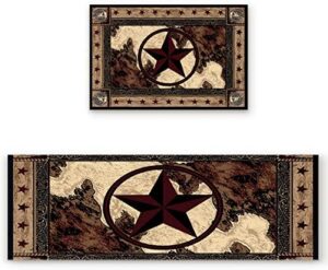 Kitchen Mat Set 2 Piece Kitchen Rugs, Retro Style Western Texas Star PatternRustic Soft Waterproof Non-Slip Rubber Backing Floor Mats Doormat Bathroom Runner Area Rug Carpet, 15.7x23.6in + 15.7x47.2in