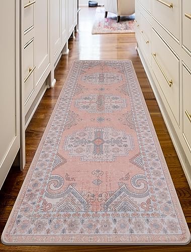 Kitchen Rug Runner for Hallway Washable Pink Stain Resistant Cushioned Anti Fatigue Boho Carpet No Crease Non Slip Laundry Floor Mat with Rubber Backing for Bedroom Entryway Bathroom