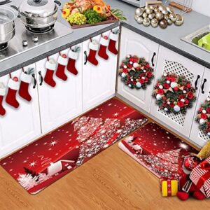 Kitchen Rug Sets 2 Piece Non-Slip Kitchen Mats and Rug Red Merry Christmas Tree Bright Country Winter Farmhouse Decorative Area Runner Rubber Backing Carpets Floor Doormat