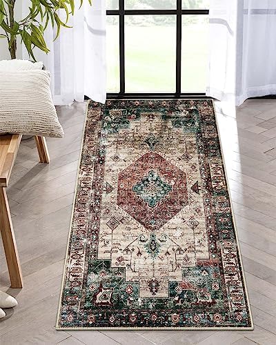 LEEVAN Vintage Kitchen Rug Non Slip 2'x4.3', Washable Retro Laundry Room Rug Runner, Tribal Medallion Non Shedding Bedroom Rug, Distressed Low-Pile Entryway Rug, Carpet for Bathroom, Ivory/Blue Rust