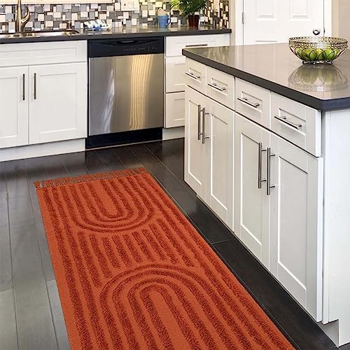 LEEVAN Washable Kitchen Runner Rug 2'X5', Hand-Woven Bathroom Runner Rug with Tassels, Terracotta Entryway Runner Rug, Tufted Rainbow Bedroom Rug Runner, Farmhouse Hallway Rug for Laundry/Living Room