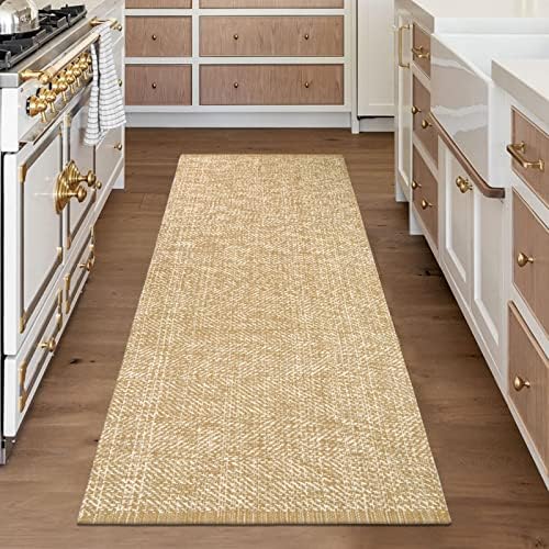 LEEVAN Washable Kitchen Runner Rug 2'x6', Cotton Woven Entryway Rug Tan Reversible Hallway Runner Rug, Modern Bathroom Rug Durable Farmhouse Kitchen Rugs, Nursery Rug Long Carpet for Foyer