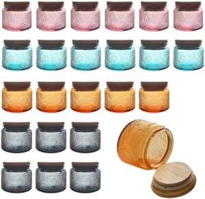 LINGSHINE Mini Glass Jars with Reusable Bamboo Lids, 24 pack 4oz Mixed Color Embossed, Home Décor Food Storage Candle Parties Wedding Baby Shower Favors Gift