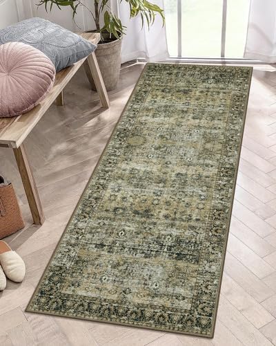 LIVEBOX Oriental Hallway Runner Rug 2x6 - Floral Rug Kitchen Rug Runner Long Entryway Rug, Low-Pile Vintage Rug for Bedroom, Non-Slip Soft Carpet Runner for Bathroom Bedside, Olive Brown