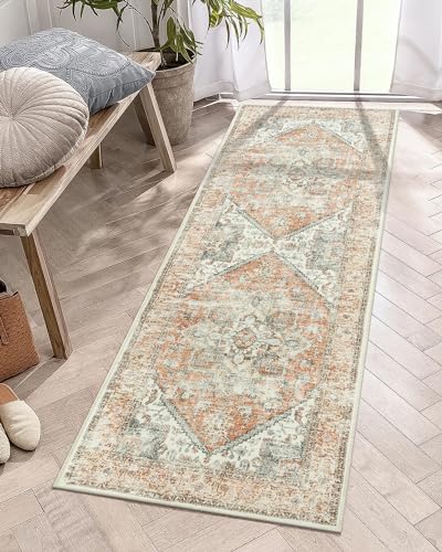 LIVEBOX Washable Runner Rug 2x6 - Boho Kitchen Rug Runner Long Entryway Rug, Low-Pile Vintage Rug for Bedroom, Non-Skid Soft Carpet Throw Rug for Bathroom Laundry Room Hallway Beige/Orange